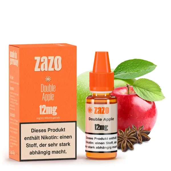 ZAZO Classics Double Apple 12mg Liquid – orangefarbene Flasche mit Verpackung und Apfel-Anis-Motiv