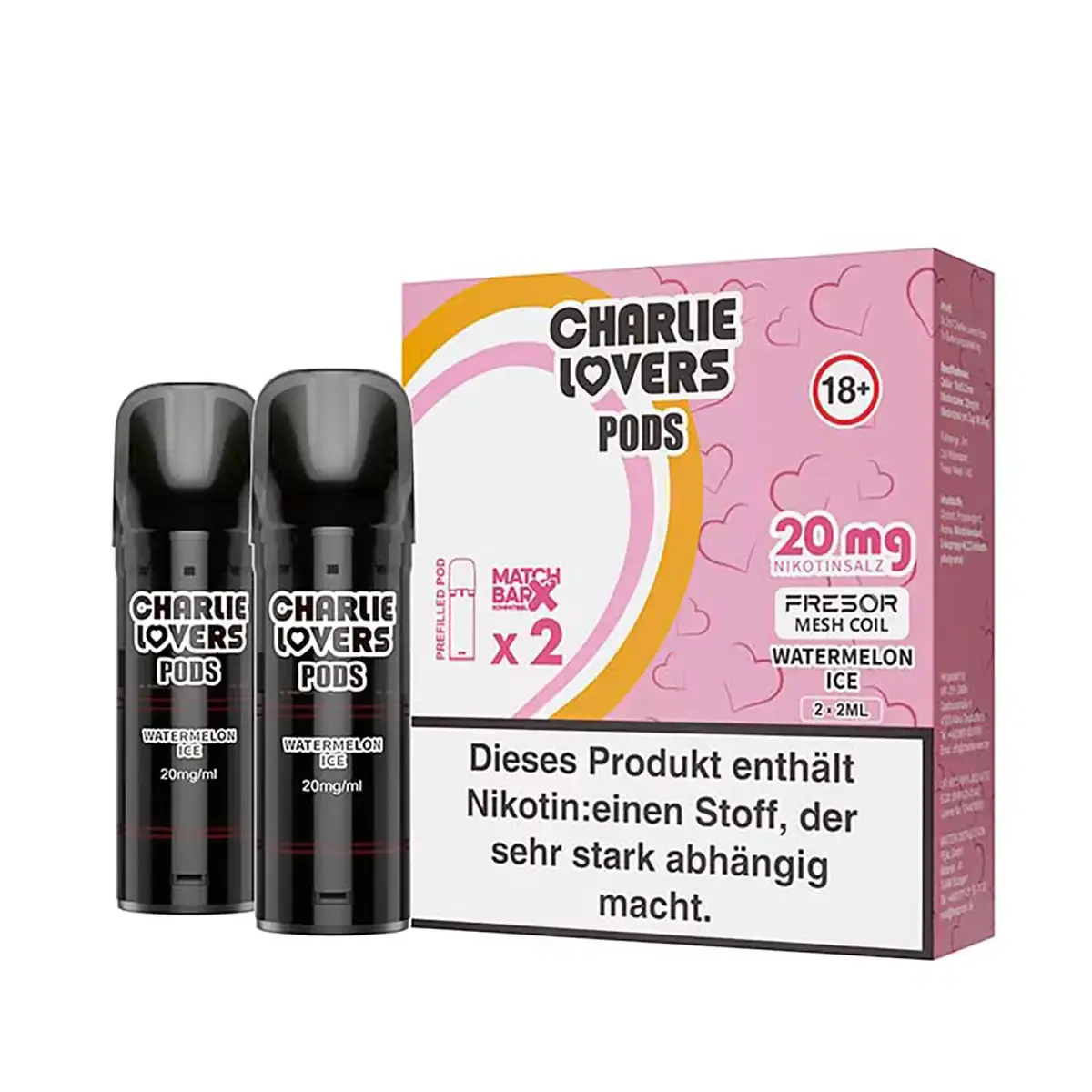 Charlie Lovers Watermelon Ice Prefilled Pod 2er-Pack in rosa-weißer Verpackung mit zwei Pods