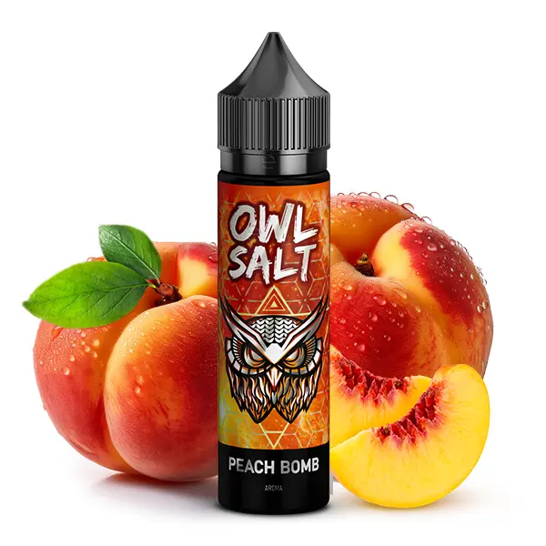 OWL Salt Longfill Peach Bomb 60ml orange Flasche mit frischen Pfirsichen im Hintergrund