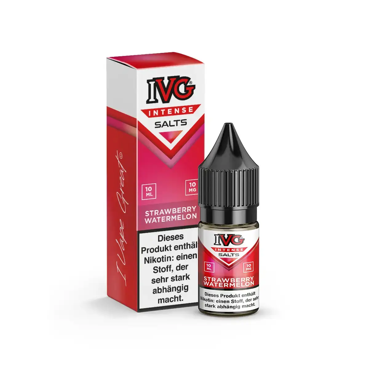 IVG Intense Salts Strawberry Watermelon 10ml Nikotinsalz-Liquid – rote Verpackung und Flasche