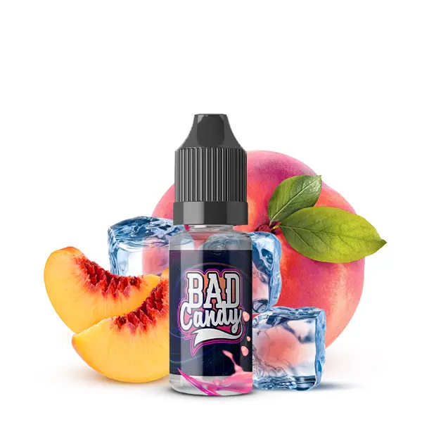 Bad Candy Juicd Series Pinky Peach Nikotinsalz-Liquid 10ml – schwarze Flasche mit Pfirsich und Eiswürfeln