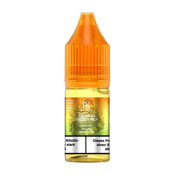 Fumot Tropical Energy Kick 10ml Nikotinsalz-Liquid, goldgelbe Flasche Seitenansicht auf hellem Hintergrund