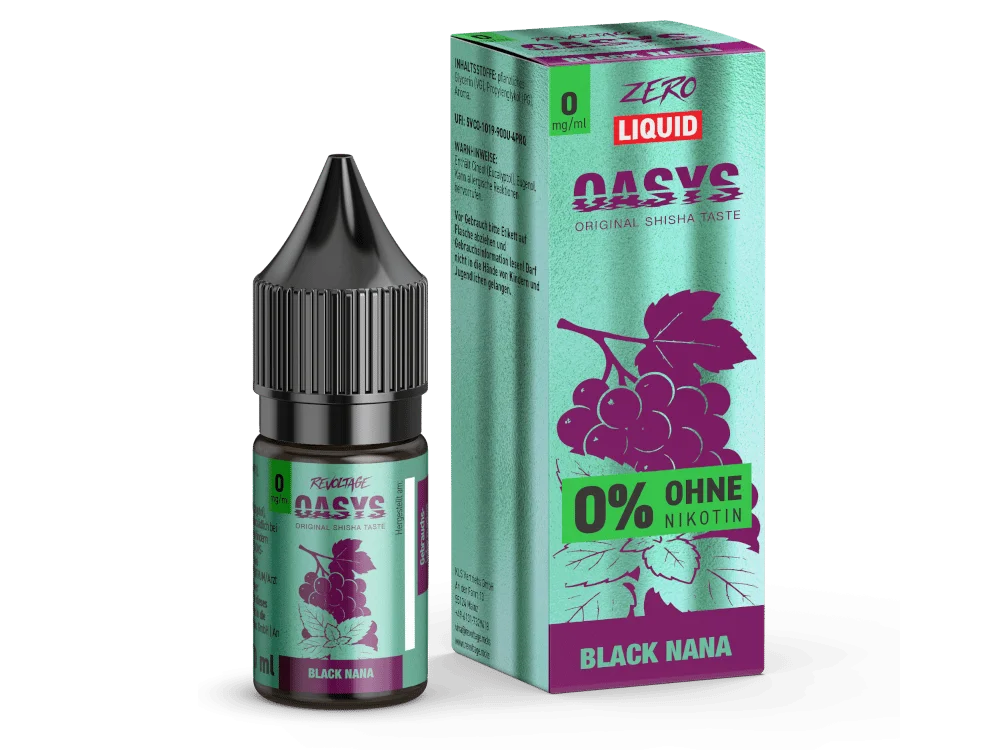 Revoltage Oasys Black Nana 10ml Nikotinsalz-Liquid – grüne Flasche mit Verpackung, Black Nana Aufdruck
