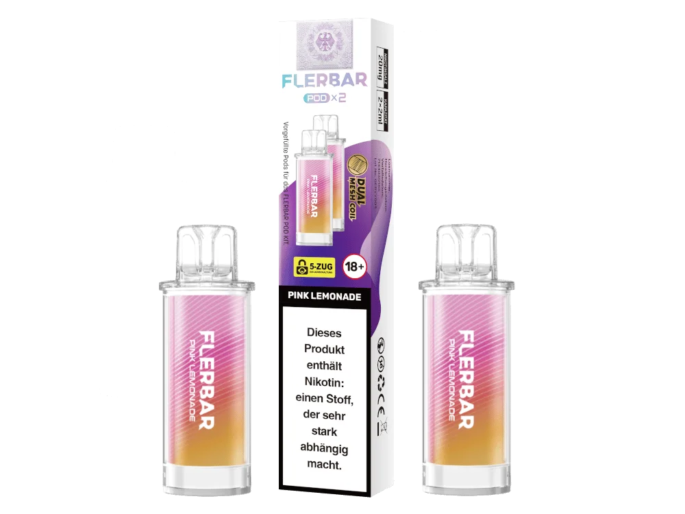 Flerbar Prefilled Pod Pink Lemonade – Verpackung und zwei rosé-goldene Pod-Kartuschen
