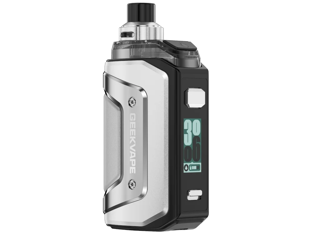 GeekVape Aegis Hero 5 Pod-Mod in Silber-Schwarz mit Farbdisplay, Frontansicht