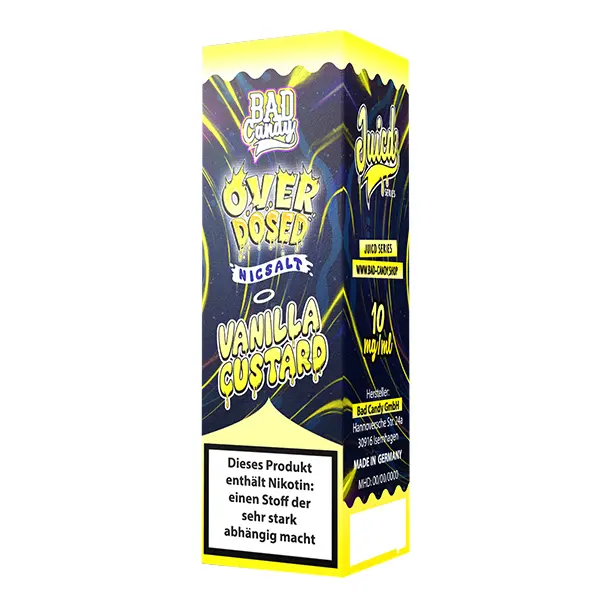 Bad Candy Juicd Series Vanilla Custard Nikotinsalz-Liquid 10ml – Verpackungsschachtel gelb-schwarz