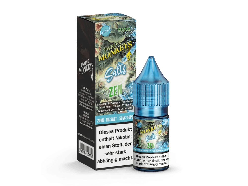 Twelve Monkeys Iced Zen 10ml Nikotinsalz-Liquid – blaue Flasche mit grün-goldener Verpackung