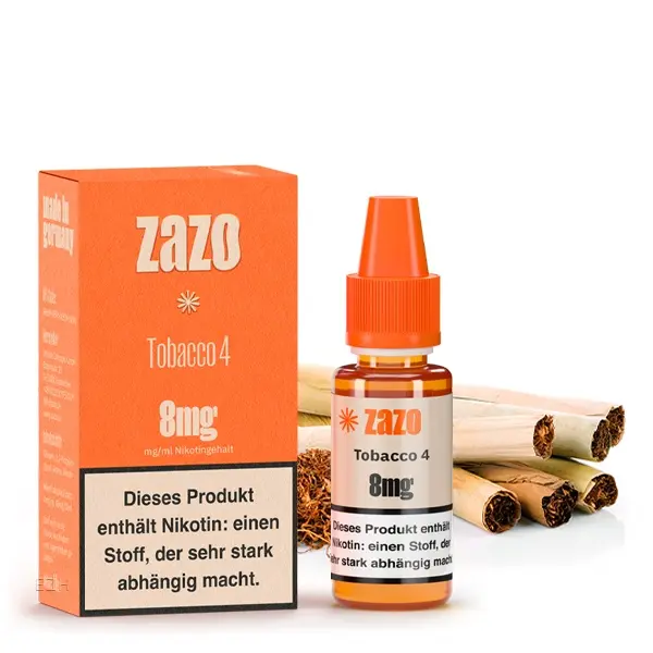 ZAZO Classics Tobacco 4 Liquid 8mg – orangefarbene Flasche mit Verpackungsbox und Zigarren-Motiv im Hintergrund