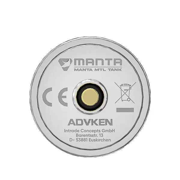 Unterseite des Advken Manta MTL Tank Verdampfers mit CE-Zeichen und Herstellerangaben