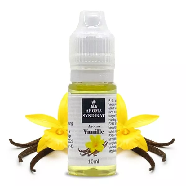 Aroma Syndikat Vanille 10ml Aroma in kleiner Flasche mit gelber Vanilleblüte auf dem Etikett