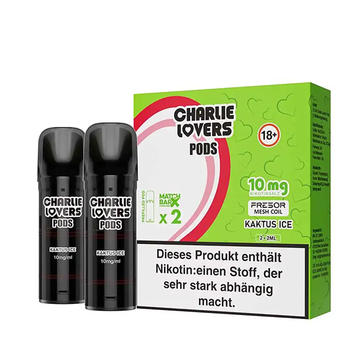 Zwei Charlie Lovers Prefilled Pods Kaktus Ice 10mg mit grün-weißer Verpackung, Frontansicht