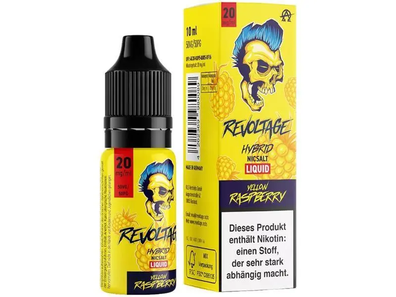 Revoltage Yellow Raspberry Hybrid-Nikotinsalz-Liquid 10ml, gelbe Flasche mit Punk-Skull-Motiv, Frontansicht