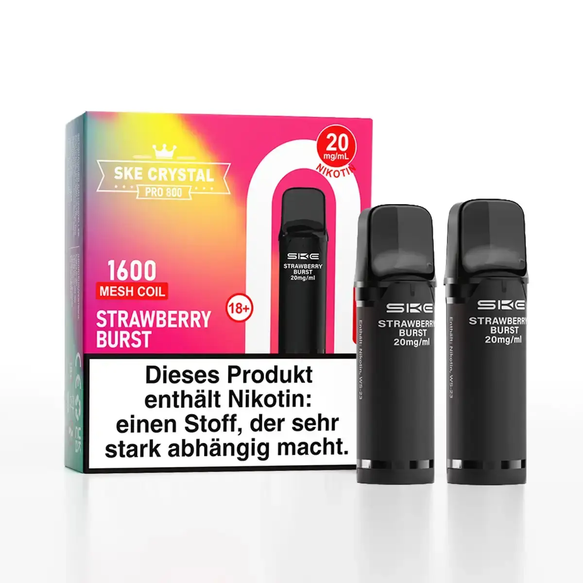 SKE Crystal 800 Pro Prefilled Pod Strawberry Burst – 2er-Packung mit Verpackung und zwei schwarzen Pods