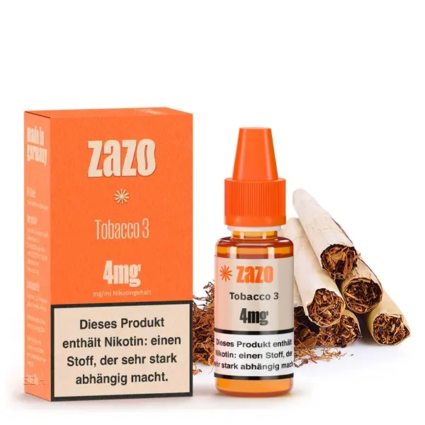 ZAZO Classics Tobacco 3 10ml Liquid in orangefarbener Verpackung mit 4mg Nikotin, seitlich fotografiert mit Tabakblättern im Hintergrund