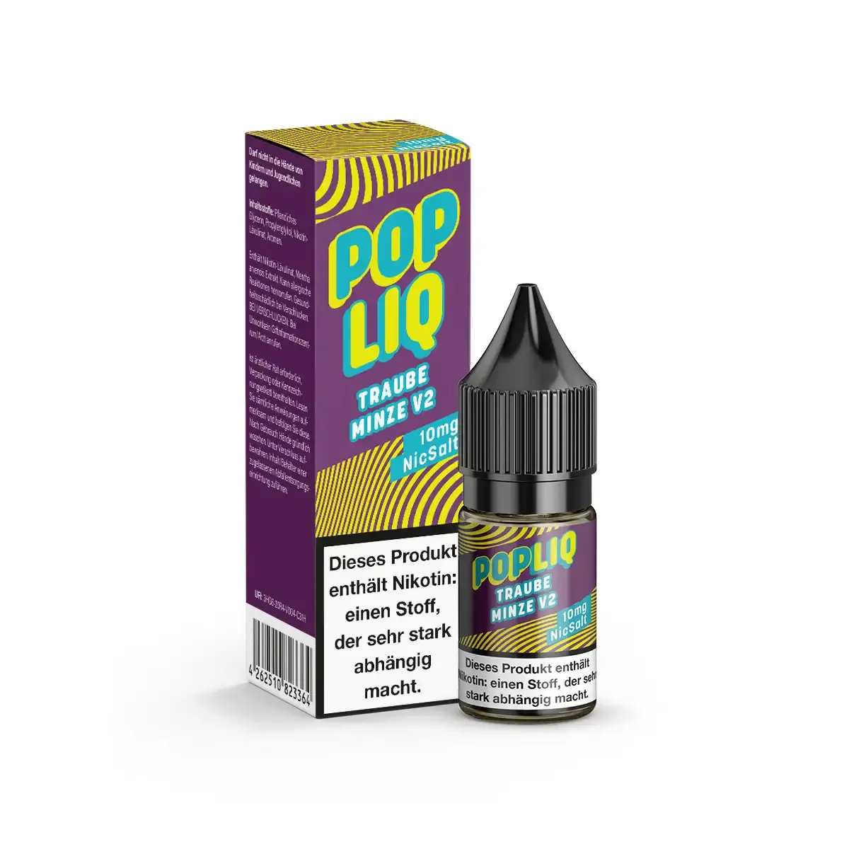 PopLiq Traube Minze V2 Nikotinsalz-Liquid 10ml – Flasche und Verpackung in Lila-Gelb-Türkis