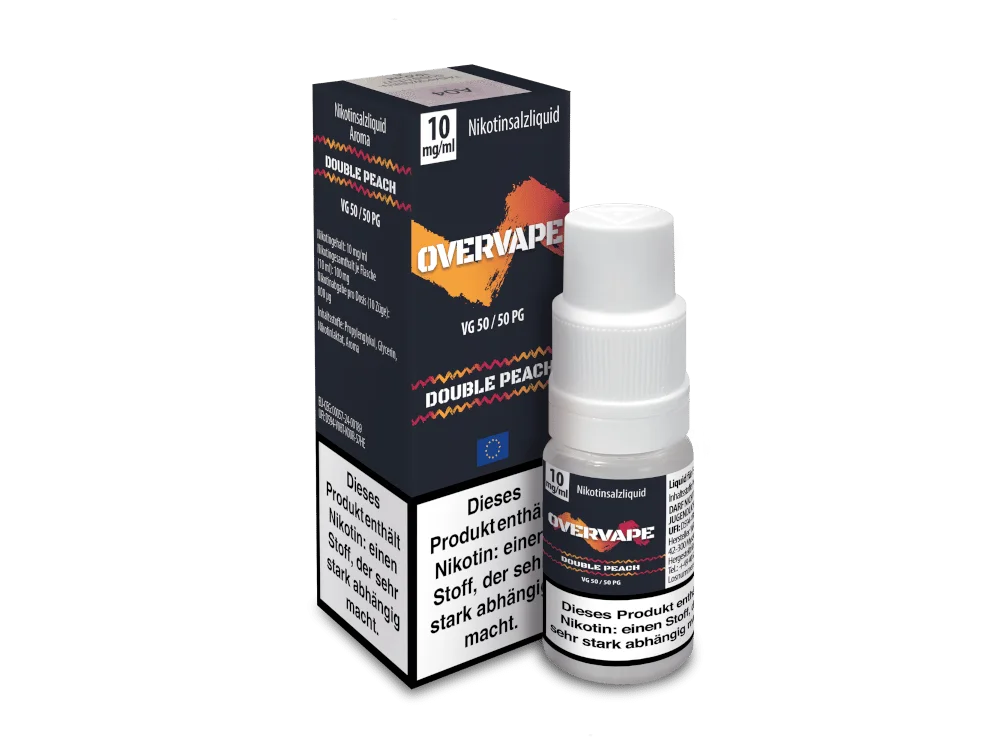 Overvape Double Peach 10ml Nikotinsalz-Liquid – Flasche neben schwarzer Verpackung mit orangem Akzent, Schrägansicht