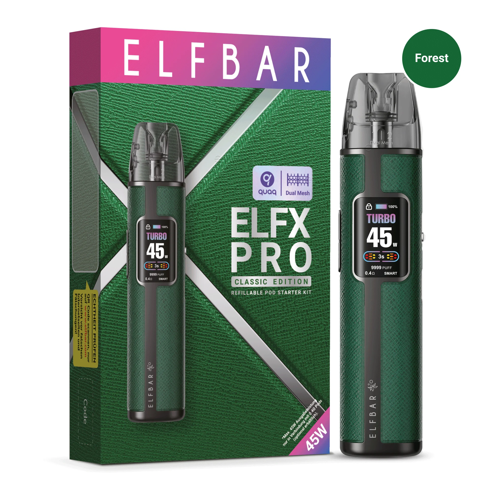Elfbar ELFX Pro Refillable Kit in Forest-Grün – Gerät mit Pod und Verpackung, Frontansicht