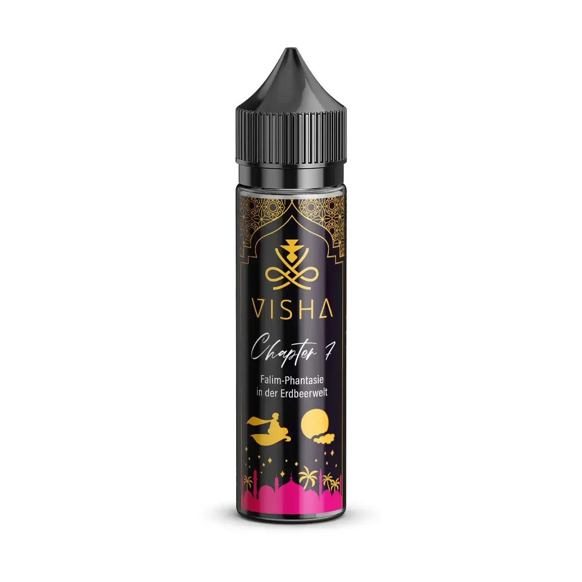 Visha Chapter 7 Longfill – schwarze 60ml Flasche mit rosa-gelbem Fruchtmotiv aus Banane und Beeren