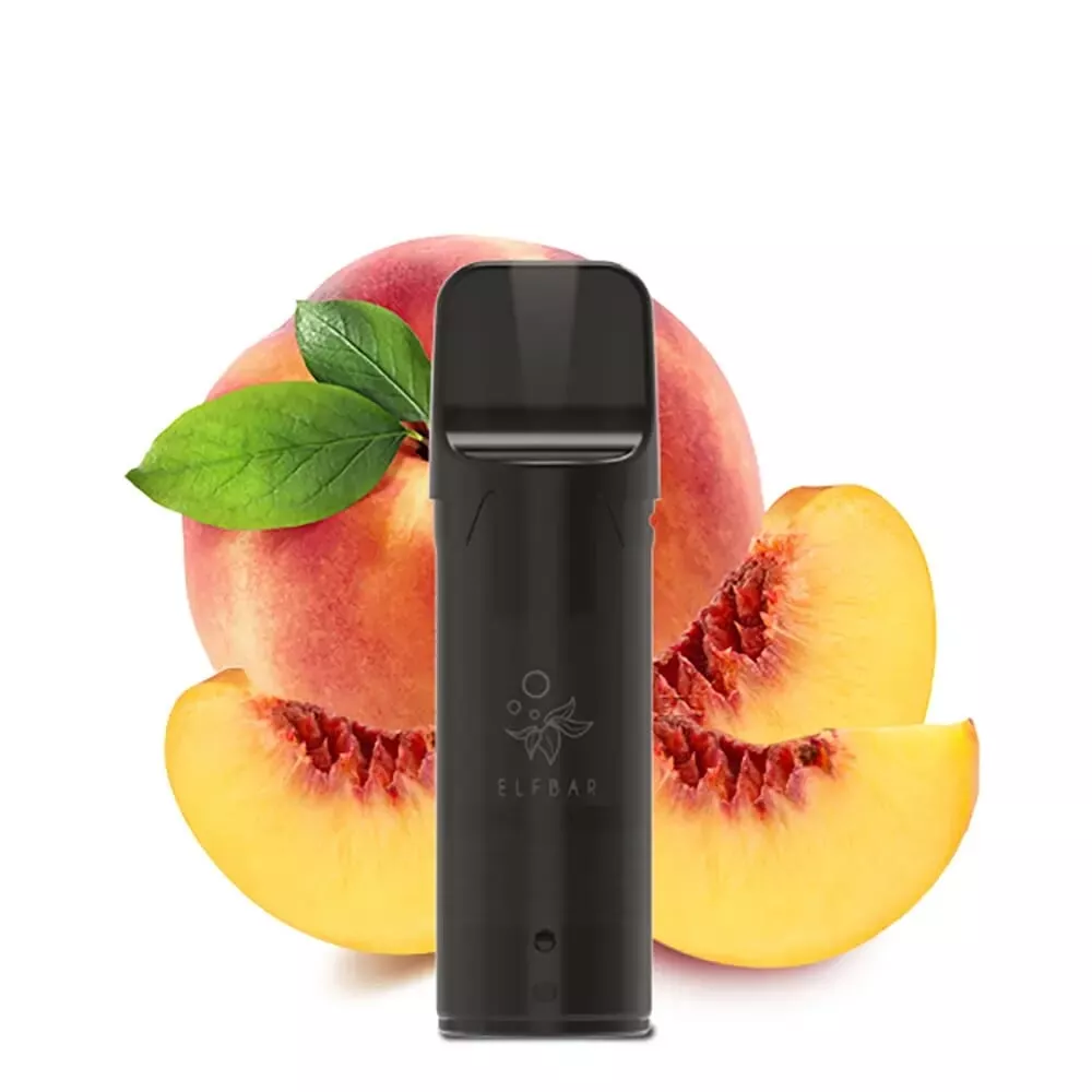 Schwarzer Elfbar Elfa Prefilled Pod vor Pfirsich-Früchten, Peach Ice 20 mg/ml, Produktfoto
