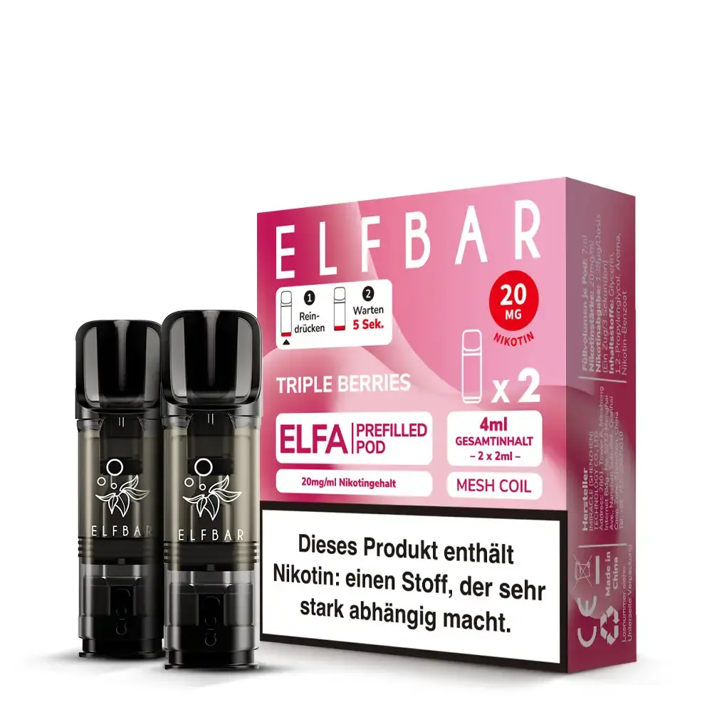 Elfbar Elfa Prefilled Pod Triple Berries – 2er-Packung in rosa Verpackung mit zwei schwarzen Pods