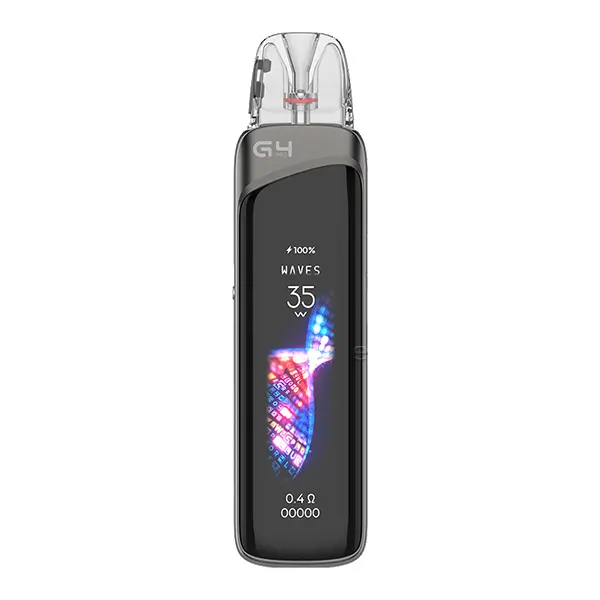 Uwell Caliburn G4 Pro Pod Kit in Dunkelgrau mit OLED-Display und transparentem Pod, Frontansicht