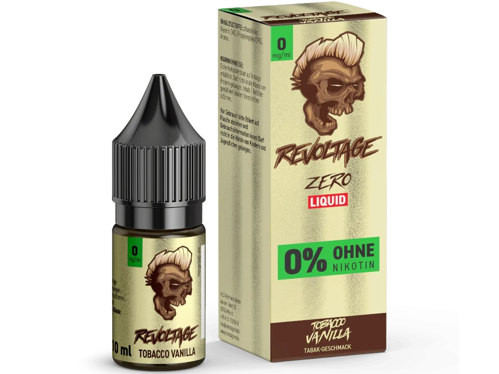 Revoltage Tobacco Vanilla Zero 10ml Hybrid-Nikotinsalz-Liquid – braune Schachtel mit Flasche, 0% ohne Nikotin