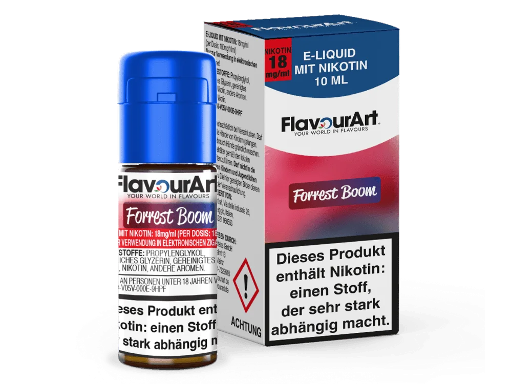 Flavourart Forrest Boom 10ml Liquid – pinkrote Faltschachtel mit Flasche, Waldbeeren-Design