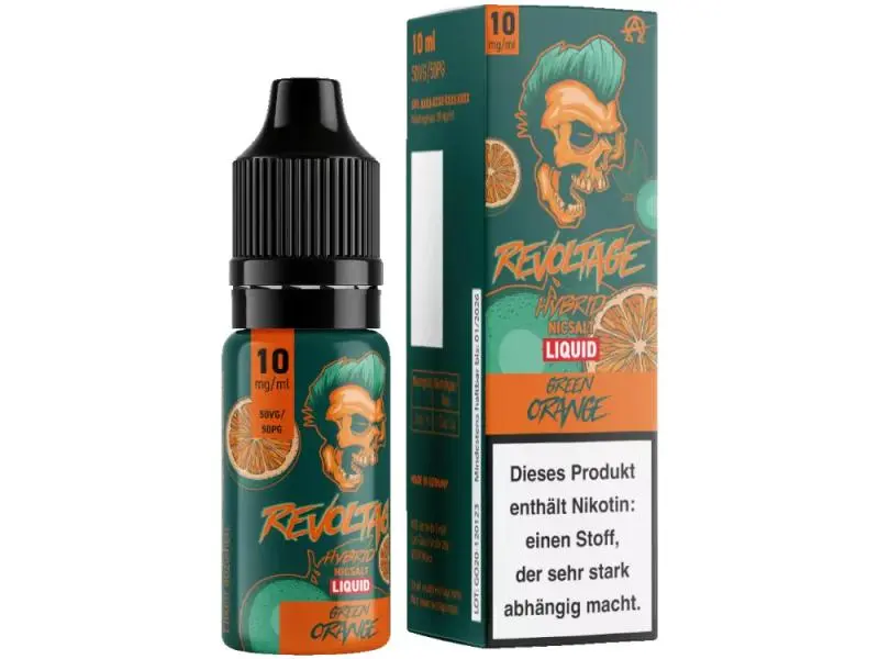 Revoltage Green Orange Hybrid-Nikotinsalz-Liquid 10ml, 10mg/ml – grüne Flasche und Verpackung mit Totenkopf-Motiv