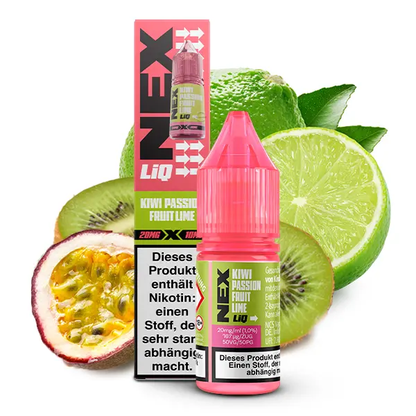 PodSalt NexLiq Kiwi Passionfruit Lime 10ml Nikotinsalz-Liquid, pinke Flasche mit Passionsfrucht und Limette