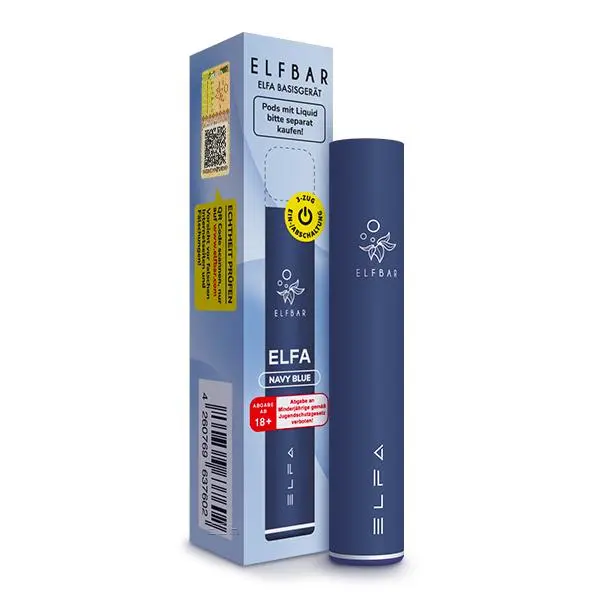 Elfbar Elfa CP Basisgerät in Dunkelblau mit Verpackungskarton, schlankes Pod-System von Elfbar