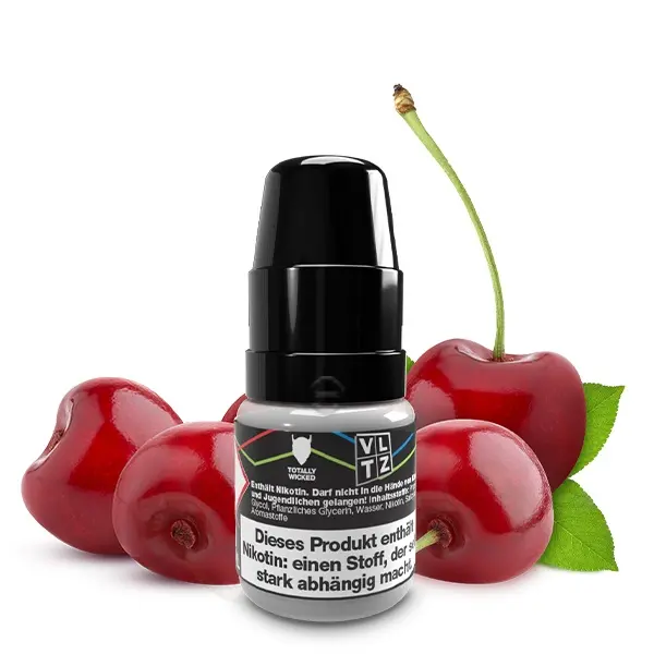 VLTZ Kirsche Nikotinsalz-Liquid 10ml – schwarze Flasche mit roten Kirschen im Hintergrund