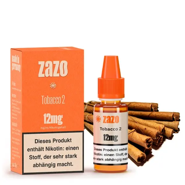 ZAZO Classics Tobacco 2 Liquid 12 mg, orangefarbene Box mit Tabakzigarren und 10-ml-Flasche