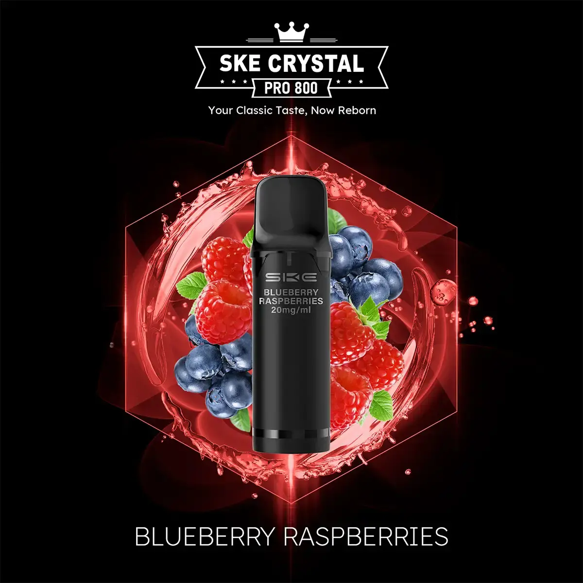 SKE Crystal 800 Pro Prefilled Pod Blueberry Raspberries – schwarzer Pod vor rotem Hintergrund mit Heidelbeeren und Himbeeren