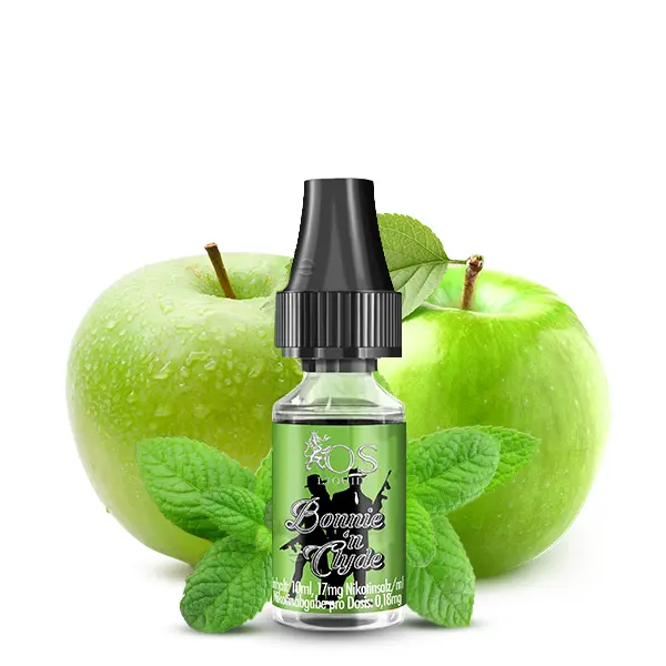 OS Liquid Bonny n Clyde 10ml Nikotinsalz-Liquid, Flasche vor grünen Äpfeln und Minzblättern