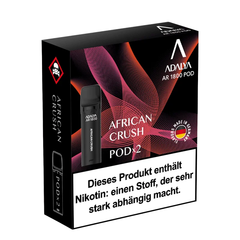 Adalya AR1800 Prefilled Pod African Crush – 2er-Pack in dunkler Verpackung mit roter Gestaltung und Pod-Abbildung