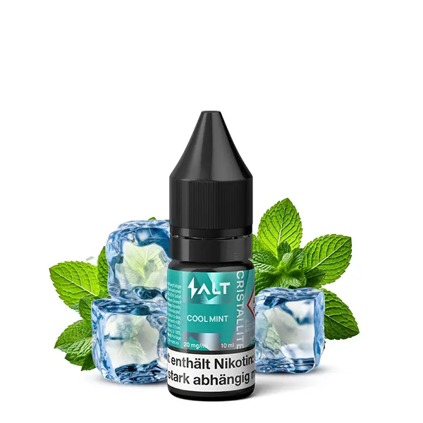 SALT Cristallite Cool Mint 10ml Nikotinsalz-Liquid Flasche mit Eiswürfeln und Minzblättern