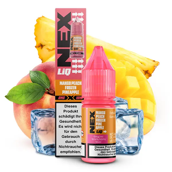 NexLiq Mango Peach Frozen Pineapple 10ml Nikotinsalz-Liquid Flasche mit Tropenfrucht-Motiv und Eiswürfeln
