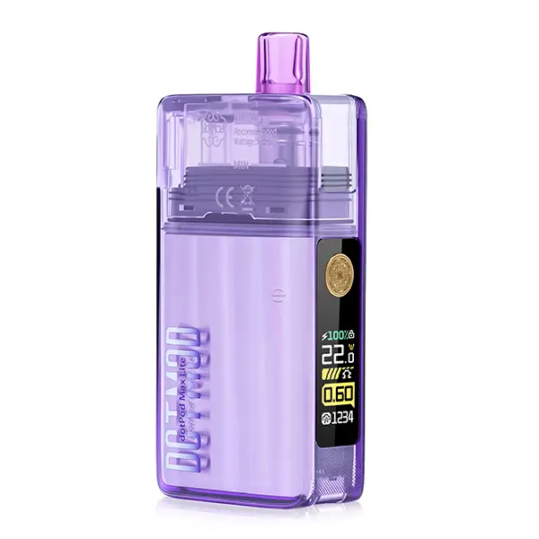 DotMod dotPod Max Lite Pod Kit in Lila-Transparent, Seitenansicht mit Display und Druckknopf