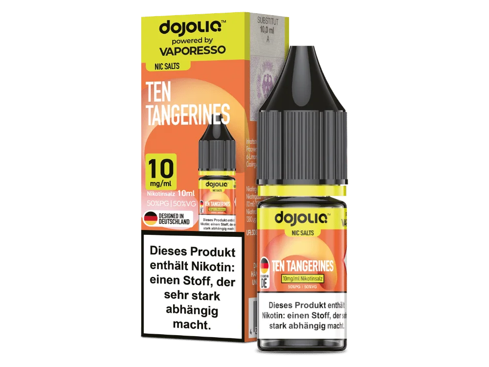 Dojoliq Ten Tangerines 10ml Nikotinsalz-Liquid von Vaporesso – orangefarbenes Fläschchen mit Produktkarte