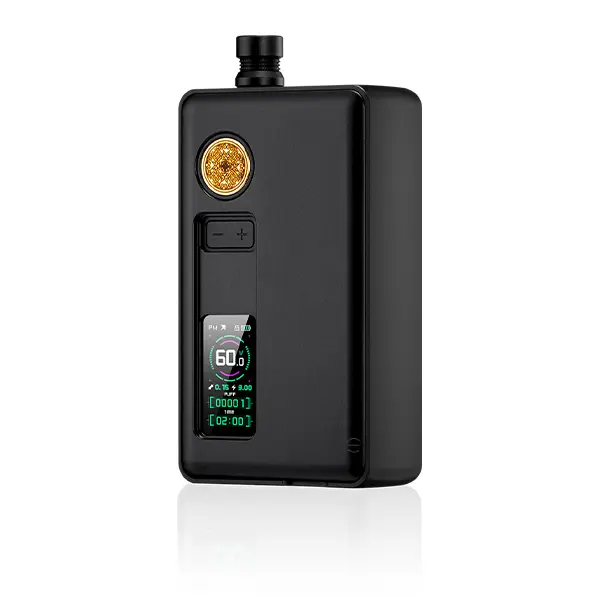 DotMod dotAIO V3 Kit in Schwarz mit farbigem Display und goldfarbenem Knopf, Frontansicht