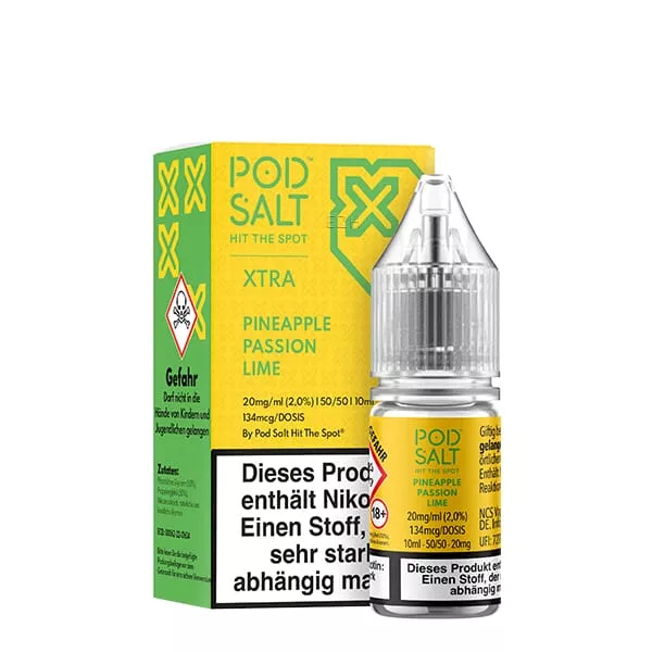 PodSalt Xtra Pineapple Passion Lime 10ml Nikotinsalz-Liquid – gelb-grüne Verpackung mit Flakon, Frontansicht