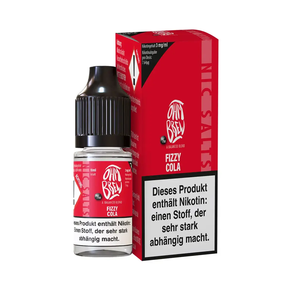 Ohmbrew Fizzy Cola 10ml Nikotinsalz-Liquid in roter Flasche mit roter Verpackungsschachtel