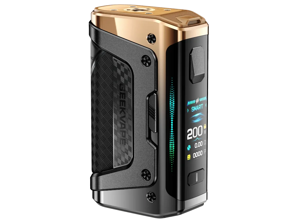 GeekVape Aegis Legend 5 Mod in Schwarz-Gold mit 200W Display und strukturierter Oberfläche, Seitenansicht
