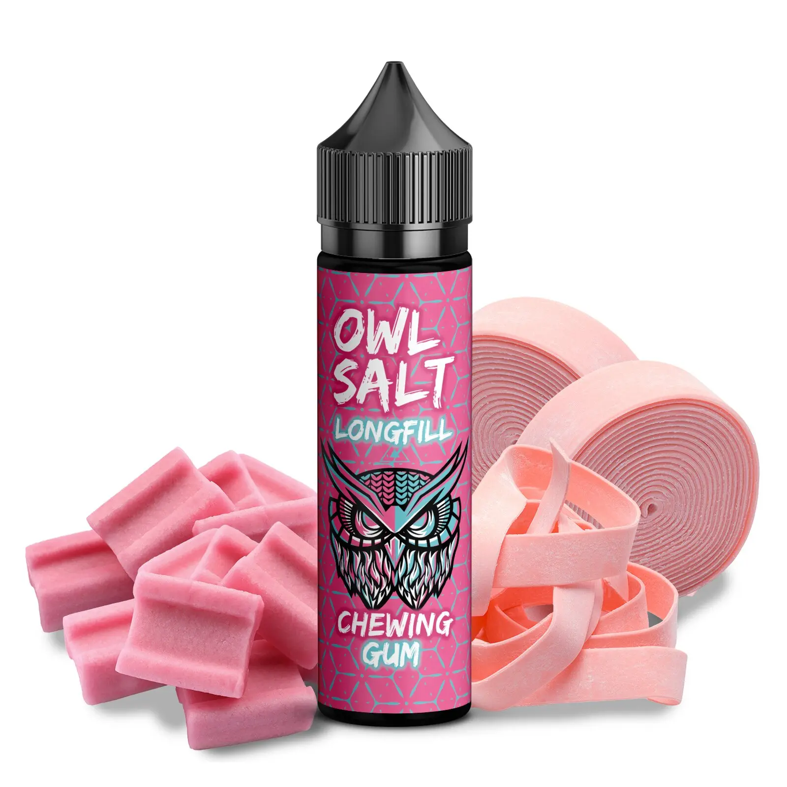 OWL Salt Chewing Gum Longfill 60ml Flasche mit pinker Kaugummi-Verpackung und Kaugummi-Streifen