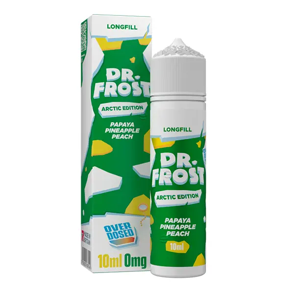 Dr. Frost Arctic Edition Papaya Pineapple Peach Longfill, gelb-grüne Verpackung mit 10ml Flasche und Leerflasche