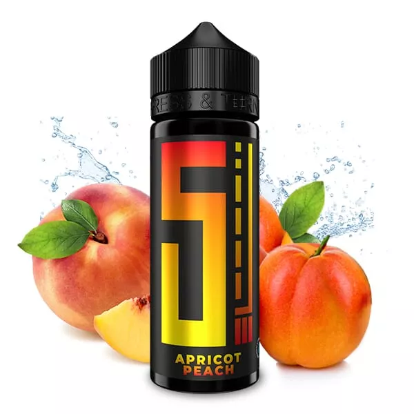 5 Elements Apricot Peach Longfill – 120ml Flasche mit Aprikosen- und Pfirsich-Motiv, schwarzes Design mit Farbakzenten