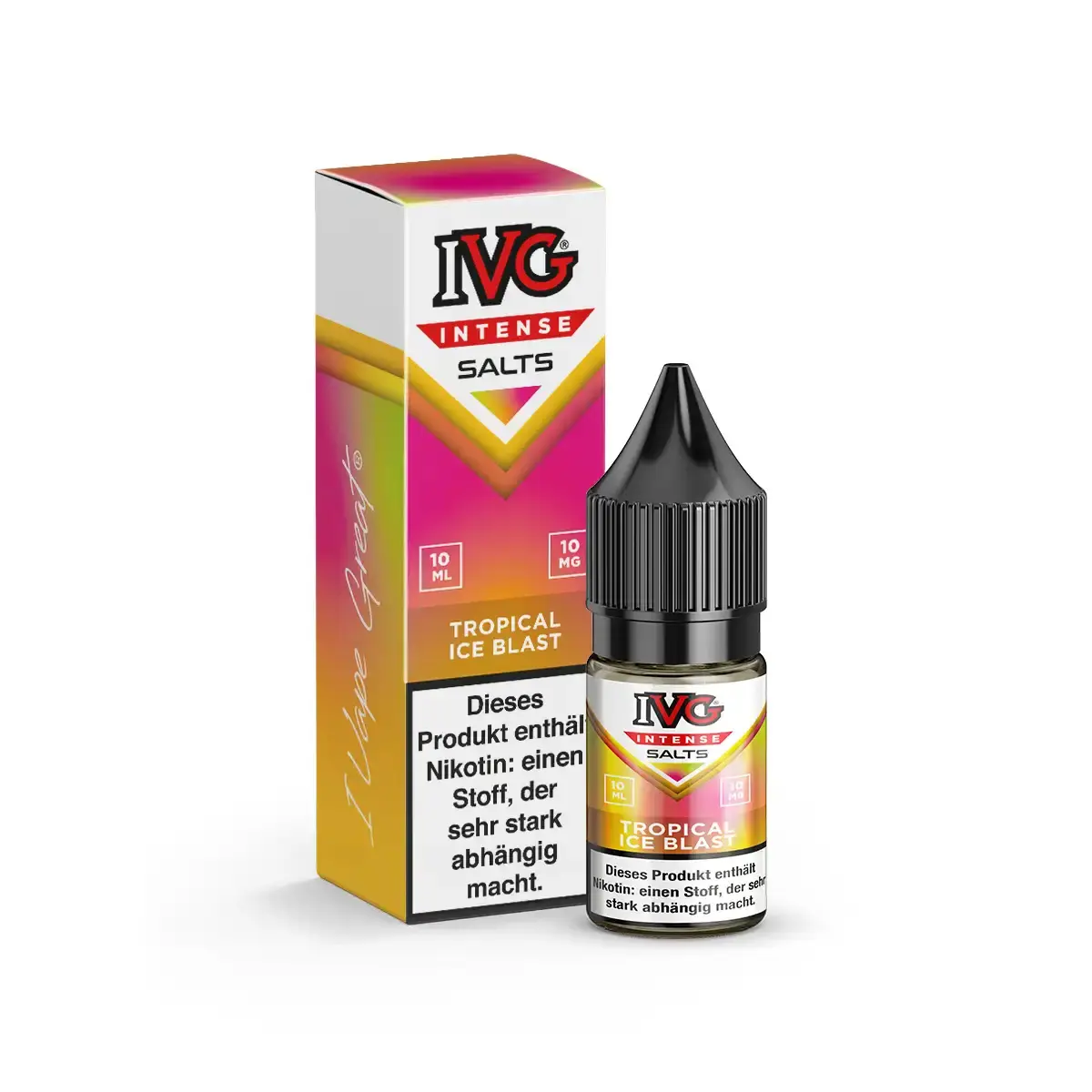 IVG Intense Salts Tropical Ice Blast 10ml Nikotinsalz-Liquid, pinke Flasche mit rot-gelbem Karton, seitliche Ansicht