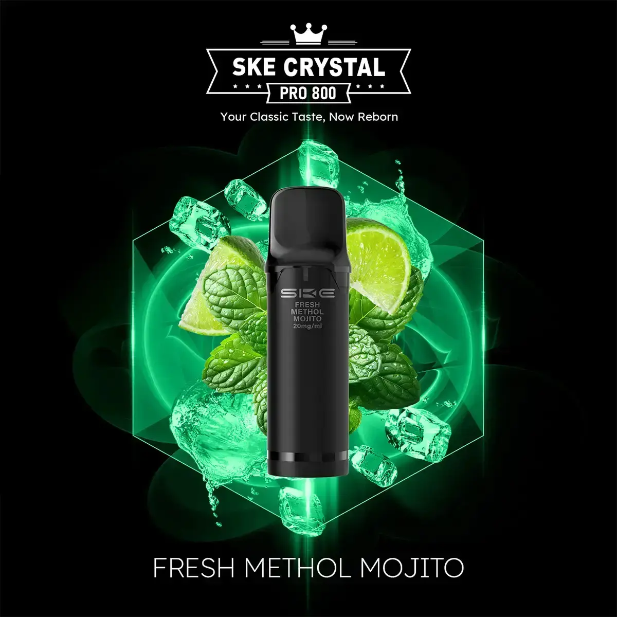 neu-ske-crystal-800-pro-prefilled-pods-matchbar-2-stueck-fresh-menthol-mojito-20mg-ml-steuerware~2.png Schwarzer SKE Crystal 800 Pro Prefilled Pod vor Minze-Limetten-Hintergrund, Sorte Fresh Menthol Mojito