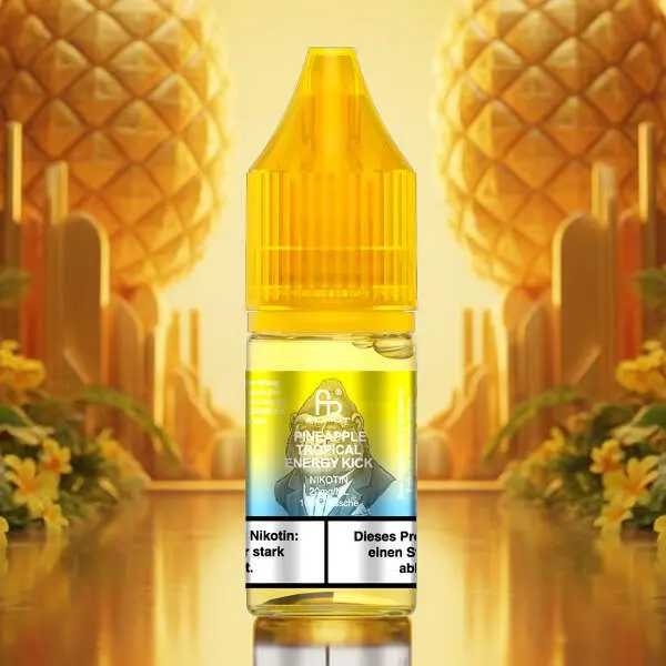 Fumot Pineapple Tropical Energy Kick 10ml Nikotinsalz-Liquid, gelbe Flasche vor goldenem Ananas-Hintergrund