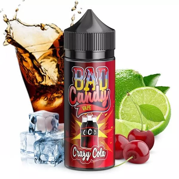 Bad Candy Crazy Cola Longfill 20ml Flasche mit Cola-Kirsch-Limetten-Motiv und Eiswürfeln